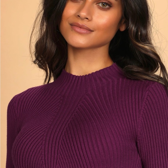 Lulus - Plum Ribbed Long Sleeve Bodycon Sweater Dress - Picture 4 of 7